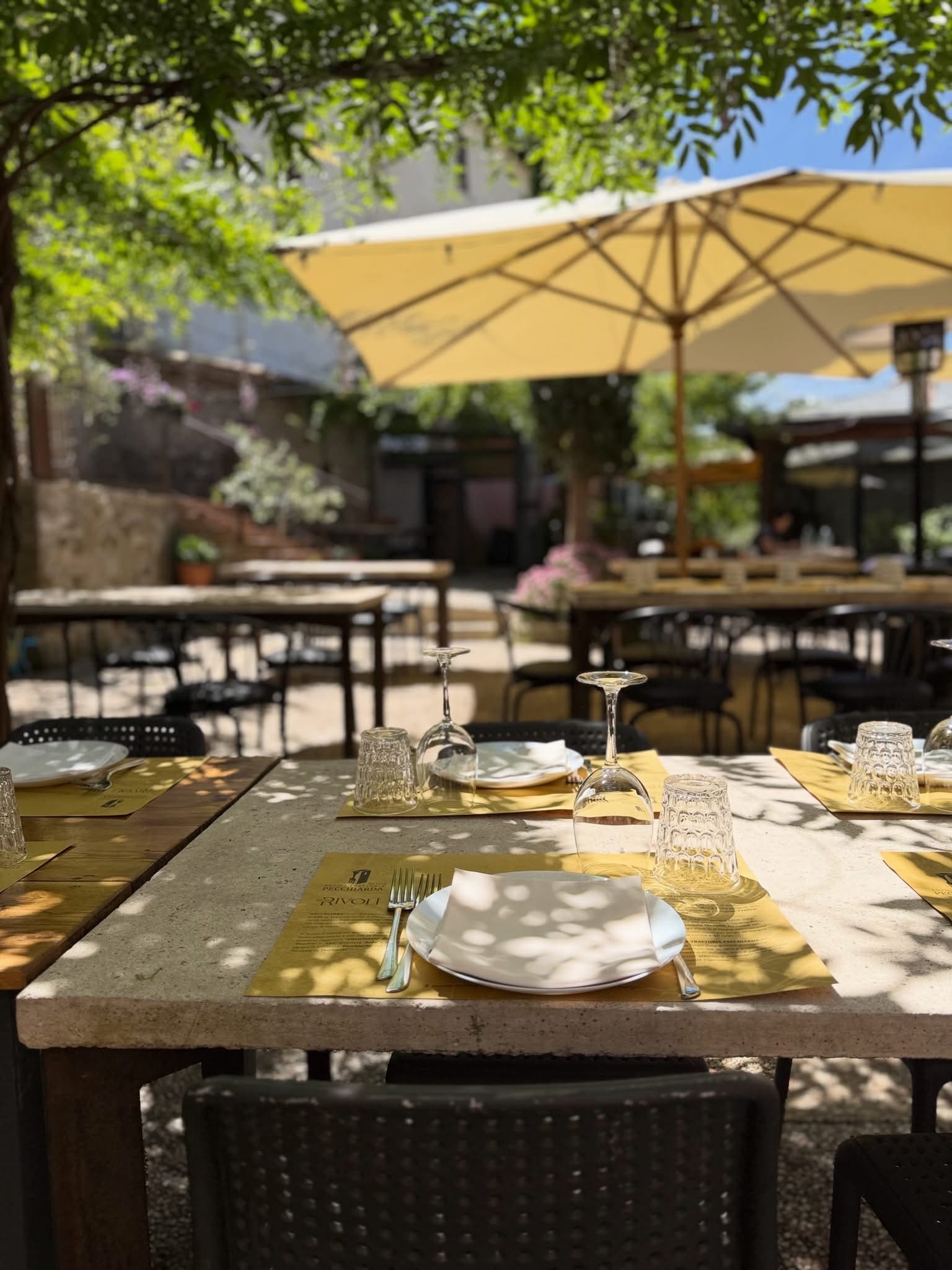 La veranda nel giardino, tavoli all'ombra degli alberi